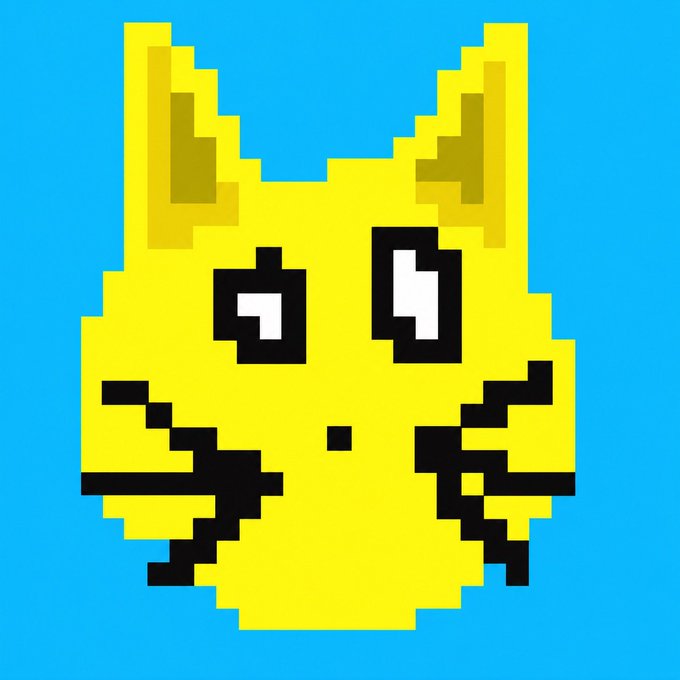 A pixel-art style yellow cat or fox-like creature face with large eyes and jagged black markings is displayed against a bright blue background.
