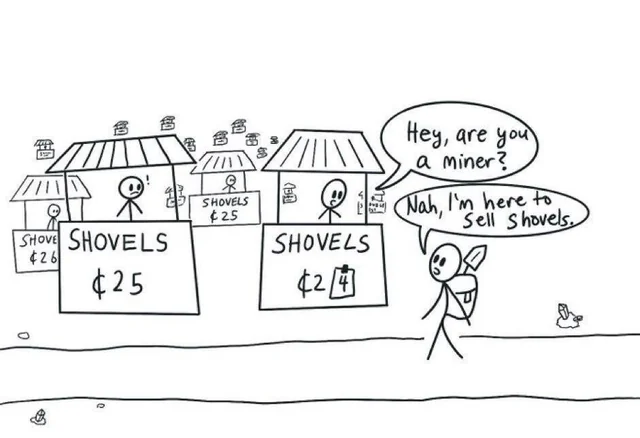 A stick figure miner approaches a row of shovel sellers, all advertising "SHOVELS ¢25," and is asked, "Hey, are you a miner?" to which he replies, "Nah, I'm here to sell shovels." The cartoon humorously illustrates the classic "sell shovels during a gold rush" analogy, tying to the idea of capitalizing on a busy blockchain ecosystem by providing tools rather than directly mining or building on it.