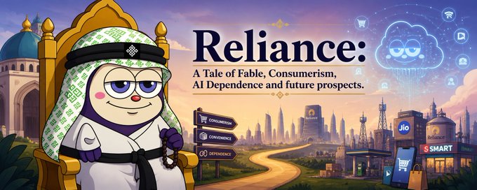 A illustrated graphic titled 'Reliance: A Tale of Fable, Consumerism, AI Dependence and Future Prospects' featuring a cartoon character in traditional Gulf attire alongside imagery of consumerism, Reliance Jio, and AI.