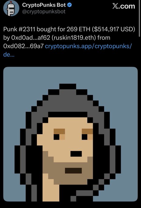 A CryptoPunks Bot tweet announcing Punk #2311 was bought for 269 ETH ($514,917 USD) by ruskin1819.eth.