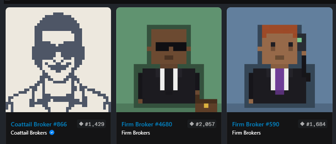 Three pixel-art NFT profile pictures labeled 'Coattail Broker #866' and 'Firm Broker #4680' and 'Firm Broker #590' displayed in NFT marketplace style cards.