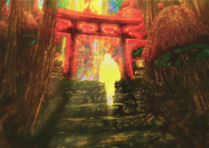 An artistic, surreal image of a glowing white figure standing before a red shrine or temple door flanked by large, textured figures.