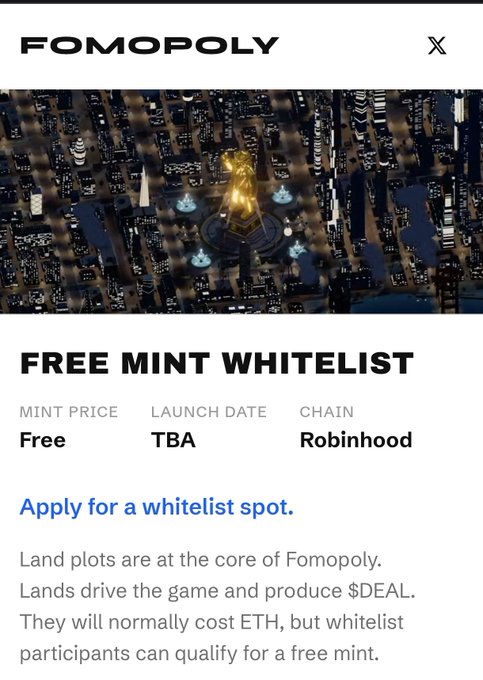A screenshot of a FOMOPOLY page shows a city-like banner and the headline “FREE MINT WHITELIST,” with “MINT PRICE Free,” “LAUNCH DATE TBA,” “CHAIN Robinhood,” and text explaining that land plots drive the game and produce $DEAL.