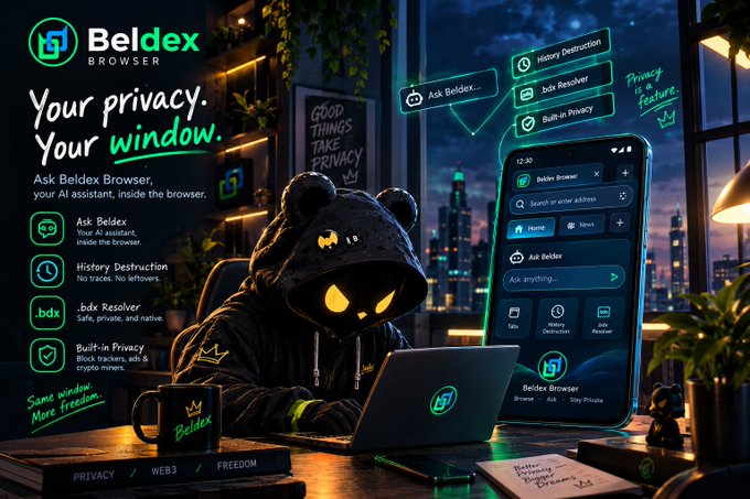 A promotional banner for Beldex Browser featuring a hooded bear character at a laptop, highlighting features like 'Ask Beldex', 'History Destruction', '.bdx Resolver', and 'Built-in Privacy'.
