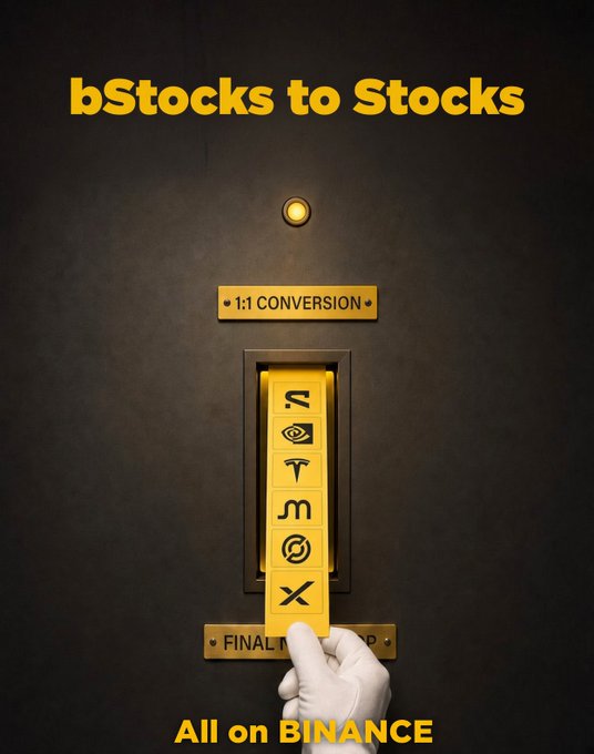 The image shows a gloved hand pulling a golden lever labeled with stock-related symbols beneath a "1:1 CONVERSION" sign, promoting "bStocks to Stocks - All on BINANCE." It visually illustrates Binance's transition of bStocks into Binance Stocks, reinforcing the post's discussion about the platform's shift from bStocks to a new stock trading track.
