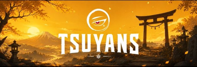 A banner promoting the "TSUYANS" NFT giveaway on Ethereum, featuring a Japanese-inspired sunset landscape with a torii gate, Mount Fuji silhouette, and the project's logo with a stylized eye. The design complements the giveaway announcement by visually reinforcing the brand's Asian aesthetic aesthetic and the "TSUYANS" name.