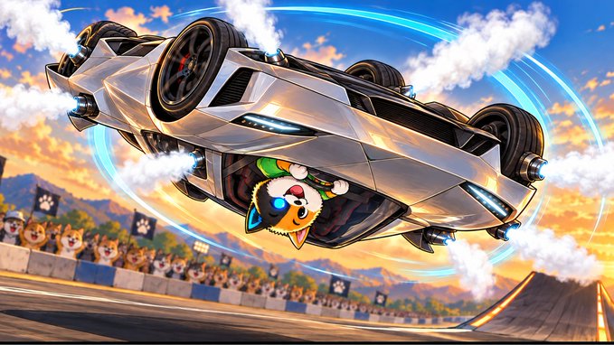 An animated, high-speed racing scene showing a futuristic silver car flipping through the air with cartoon animal spectators in the background.
