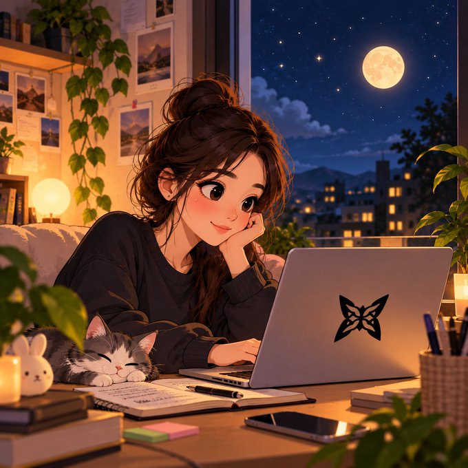 An anime-style illustration of a young woman with dark hair in a bun smiling as she works on a laptop featuring a butterfly sticker, accompanied by a sleeping cat in a cozy, plant-filled room at night.
