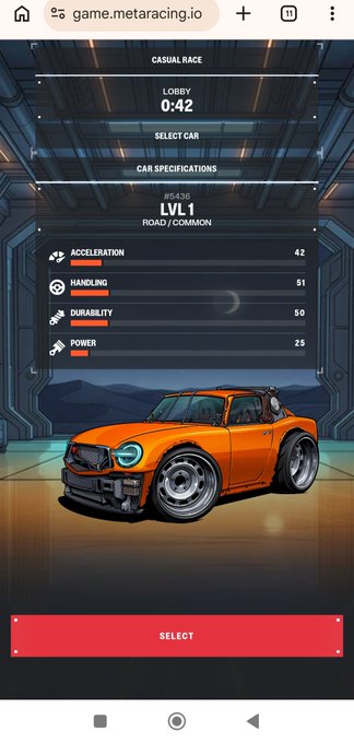 A screenshot of a mobile racing game called "Meta Racing" showing the car selection screen with an orange Lvl 1 car, displaying stats for Acceleration (42), Handling (51), Durability (50), and Power (25) before a "SELECT" button.