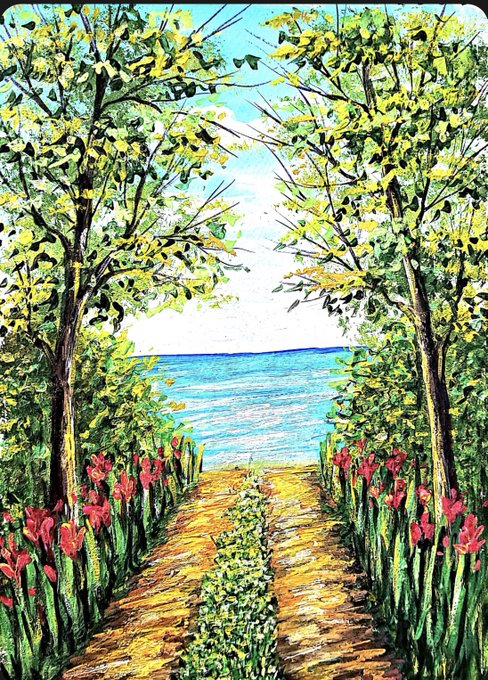 An acrylic or oil painting depicting a vibrant landscape with a path leading to a blue sea, framed by green trees and red flowers on both sides.