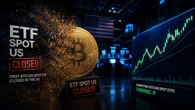 A news-style graphic announcing the closure of the first Bitcoin Spot ETF in the US, featuring a gold Bitcoin coin with a 'CLOSED' stamp, an American flag, and a trading chart showing 'Competing Bitcoin Spot ETFs Thriving.'