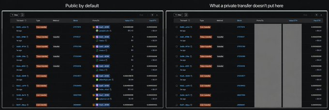 Two side-by-side screenshots of a cryptocurrency wallet interface comparing transaction history, with the right side censored to hide token symbols.