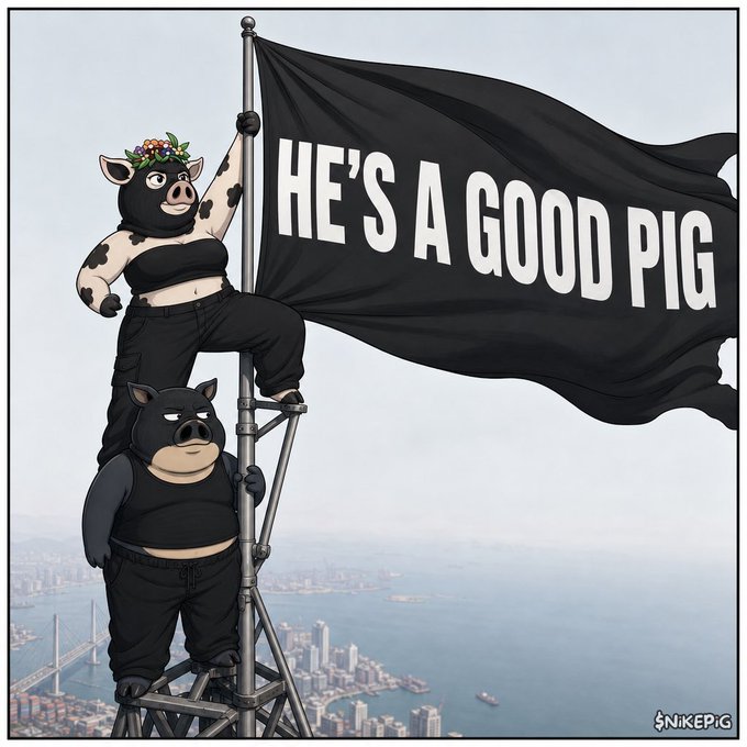 A satirical illustration by Nikepig showing two anthropomorphic pigs in black clothing climbing a flagpole to raise a black flag that reads 'HE'S A GOOD PIG' over a cityscape.