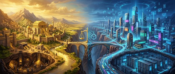 A digital artwork presents a split scene: the left side shows a fantasy landscape with ancient stone cities and mountains, while the right side depicts a futuristic cyberpunk metropolis with glowing neon skyscrapers and bridges.