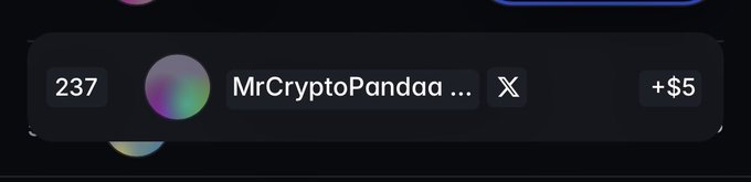 A screenshot of a social media or crypto platform profile for 'MrCryptoPandaa...' with an X icon, a follower count of 237, and a button showing '+$5'.