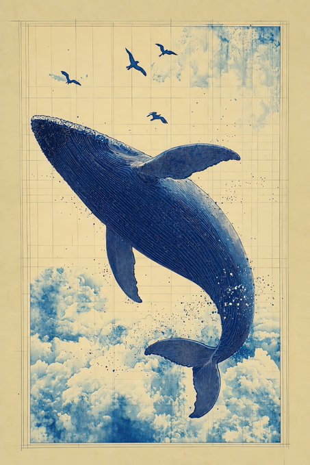 An artistic illustration of a blue whale leaping through clouds with birds flying above it, rendered on what appears to be aged, grid-lined paper.