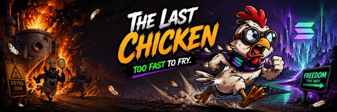 The image is a vibrant banner for "THE LAST CHICKEN — TOO FAST TO FRY," featuring a bespectacled chicken sprinting through a fiery, sci-fi landscape with warning signs reading "FRYER ZONE" and "FREEDOM THIS WAY."

The post's Solana contract address and "send to the moon" rallying cry tie directly into the banner's escape-from-the-fryer theme, using the meme of a fleeing chicken to humorously promote the token as a defiant run toward crypto freedom.