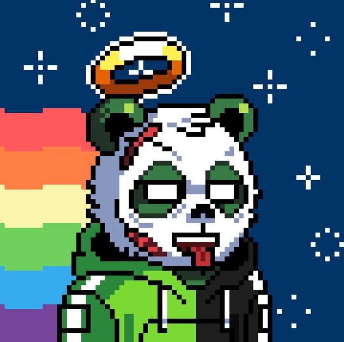 Pixel art illustration of a panda character with green eyes and tongue out, wearing a green hoodie with a halo above its head, set against a dark starry background with a rainbow stripe on the left.