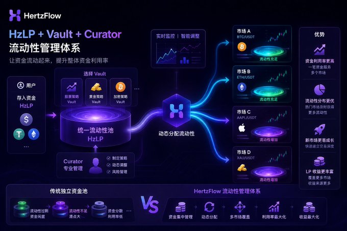 A detailed infographic in Chinese for 'HertzFlow' explaining their 'HzLP + Vault + Curator' liquidity management system, showing the flow of assets from user deposits to various markets.