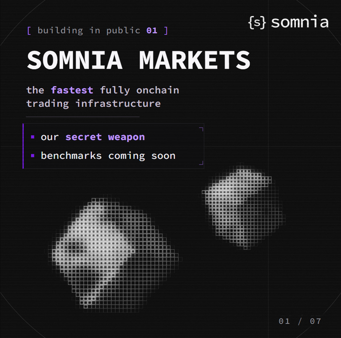 A promotional graphic for Somnia titled "SOMNIA MARKETS" describes it as "the fastest fully onchain trading infrastructure," highlighting an upcoming reveal of their "secret weapon" with benchmarks "coming soon," marked as the first installment in a "building in public" series, visually featuring two pixelated spheres on a dark background.