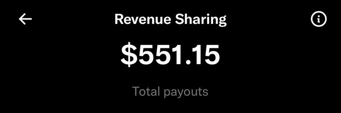 A mobile app screenshot showing a 'Revenue Sharing' screen with a total payout amount of $551.15 displayed prominently on a black background.