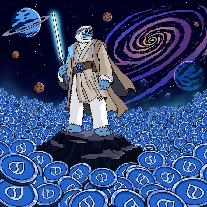 A Jedi-like yeti (Lofi) stands triumphantly atop a mountain of blue Sui Network coins, lightsaber in hand, against a cosmic backdrop of planets and a swirling galaxy—symbolizing resilience and determination to elevate Sui despite its current low ranking, fueled by growing community efforts like the Clay Hackathon and ambassador program.