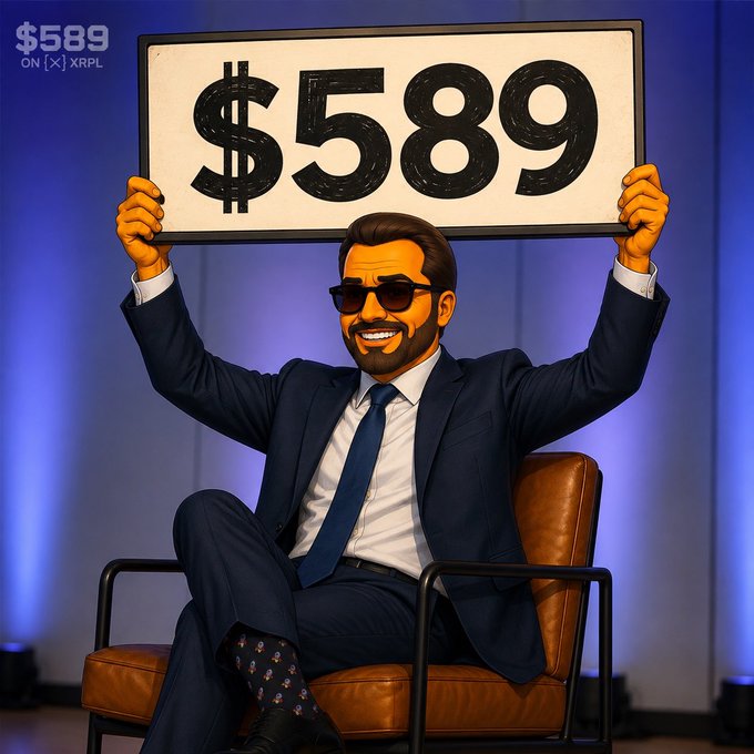An illustration shows a smiling man in a blue suit and sunglasses holding up a sign that reads '$589', with a price tag of '$589 ON XRPL' in the corner.