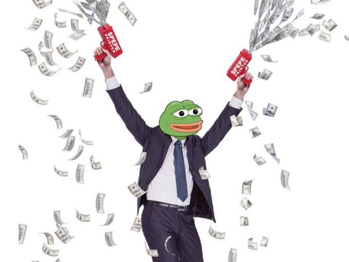 A person in a dark business suit with a Pepe the Frog head is holding up two red 'SPEPE' money guns spraying dollar bills into the air.
