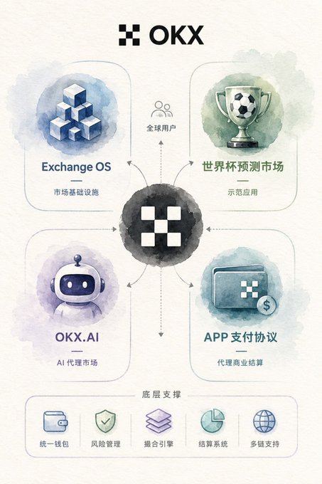 An OKX infographic diagram in Chinese illustrating the platform's ecosystem including Exchange OS, World Cup prediction market, OKX.AI, and APP payment protocol with underlying support features.