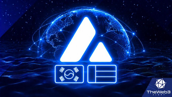 A futuristic blue digital graphic for TheWeb3 Alert featuring a glowing globe, the Avalanche logo (with South Korean flag), and the Avalanche "AVAX" ticker symbol.