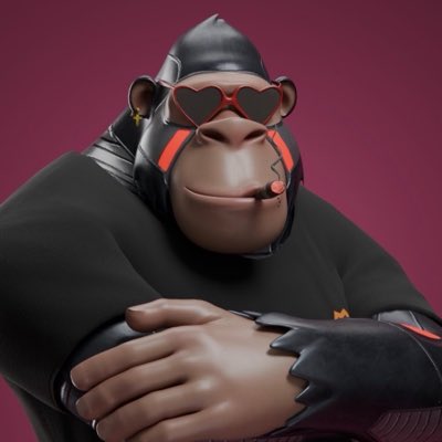 A 3D-rendered character of a muscular ape wearing heart-shaped sunglasses, a black headset, and dark tactical gear, posing with crossed arms against a maroon background.
