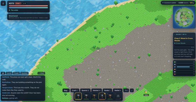 A gameplay screenshot of a voxel-based MMO game called 'KOTS: Core' showing a coastal map with players named 'Na3rrhal', 'Rebel4Gov', 'monkeysnow', and 'darkrook' chatting in-game.