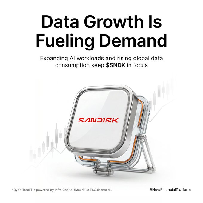 The image features a silver Sandisk computer disk, which is the main focus of the photograph. In the same frame, there's also text reading "Data Growth Is Fueling Demand" alongside other information about sandisk and global data consumption. The text above the disk emphasizes the importance of data storage solutions in today's world. The image provides a visual representation of the message conveyed by the accompanying post.