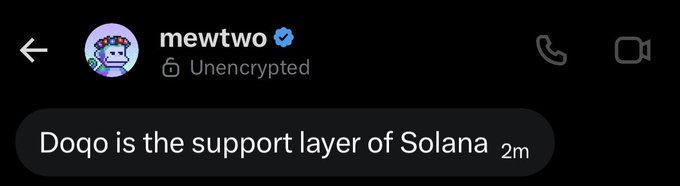 A Twitter/X post from verified user 'mewtwo' (encrypted with a 'mew' avatar) reading 'Dogo is the support layer of Solana' posted 2 minutes ago.