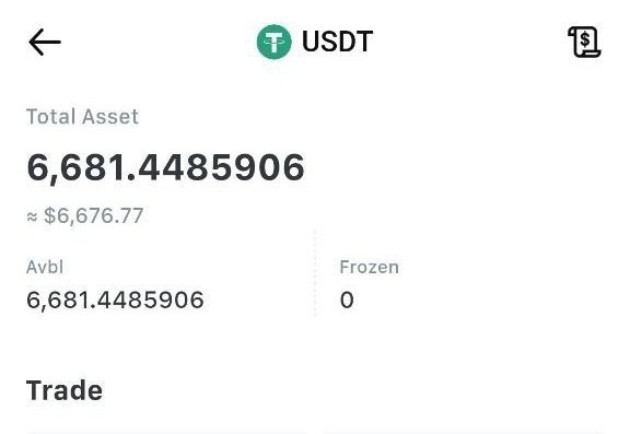 A digital wallet screenshot displays a USDT balance with a Total Asset of 6,681.4485906 (approximately $6,676.77), showing 6,681.4485906 Avbl and 0 Frozen. The image illustrates a crypto holding potentially tied to the referenced airdrop vesting token claim announcement.