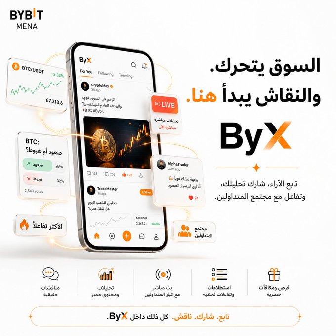An Arabic-language advertisement for the ByX app by BYBIT MENA, featuring a smartphone displaying the app interface and text promoting market tracking and trading discussions.