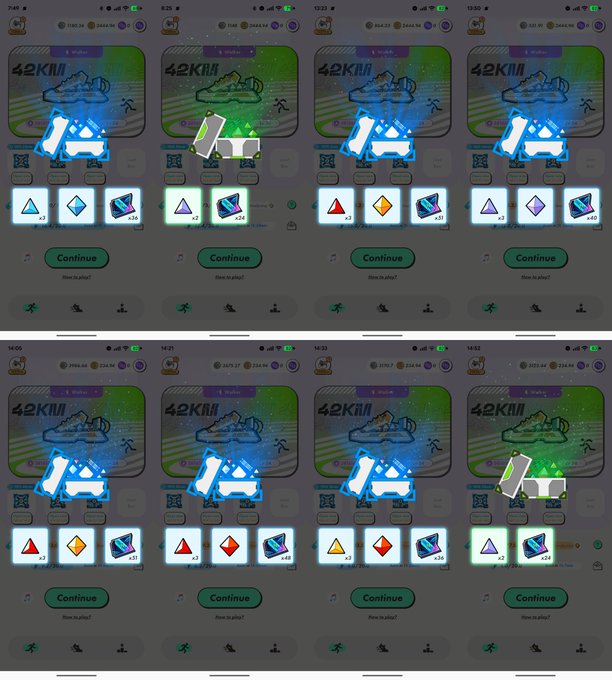 A grid of eight screenshots from a mobile fitness app showing a '42KM' running distance tracker with various shoe NFT rewards, indicating the user's progress through the challenge.