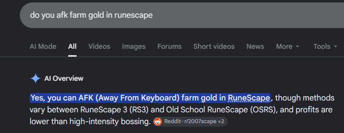 A screenshot of a Google search for 'do you afk farm gold in runescape,' showing an AI Overview response confirming that players can AFK (Away From Keyboard) farm gold in RuneScape.