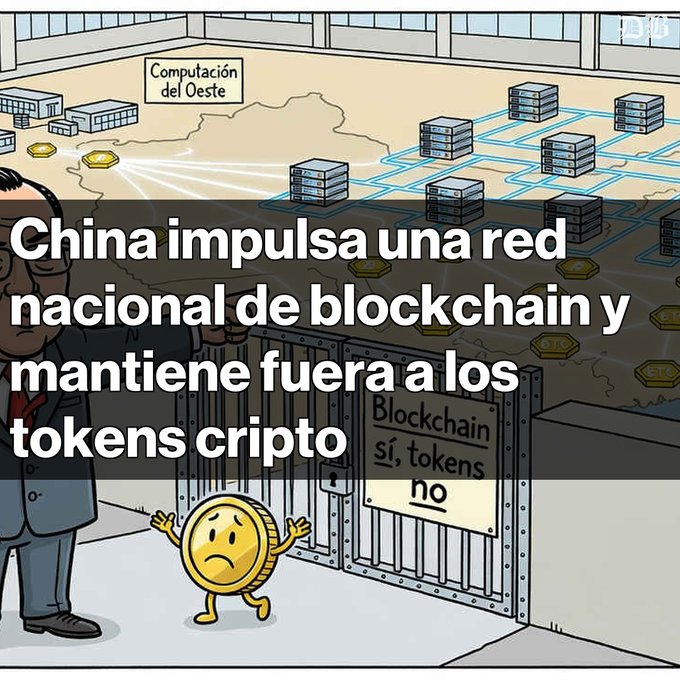 A political cartoon-style illustration showing a Bitcoin coin looking distressed behind prison bars labeled 'Blockchain sí, tokens no', with text overlay reading 'China impulsa una red nacional de blockchain y mantiene fuera a los tokens cripto' and a 'Computación del Oeste' building in the background.