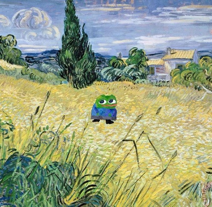 The image features a painting of a field with tall grass, trees, and houses. The main subject of the painting is a frog sitting in the middle of the scene. The background includes a house and some clouds, creating an impressionistic style that captures the essence of nature. The post reads "Imagine tu vis sans connaître Ethereum. La vie doit être si belle". This message encourages viewers to imagine what it would be like to see the painting without knowing who painted it or where it was created.