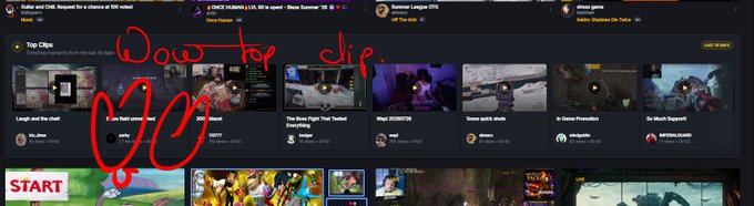 A screenshot of a gaming platform's top clips section with red handwritten text overlay reading 'Wow top clip. NO.'