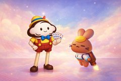 Two 3D cartoon-style figurines, one resembling a monkey in overalls holding cards and another small tan character, stand against a pinkish, starry background.
