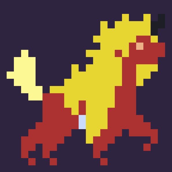 An 8-bit pixel art depiction of a yellow and red creature, resembling a Charmander-like dragon, rearing up against a dark background.