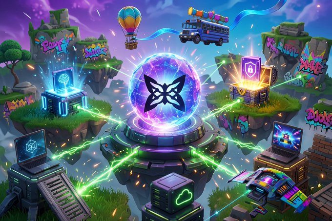 A vibrant, futuristic scene features a glowing butterfly emblem orb at the center, surrounded by floating islands with graffiti, a hot air balloon, bus, treasure chests, and tech elements like laptops and gaming consoles. The image visually represents QuipNetwork's "worldwide quantum" security concept, illustrating cross-platform integration and protection across diverse digital ecosystems like Ethereum and Solana.