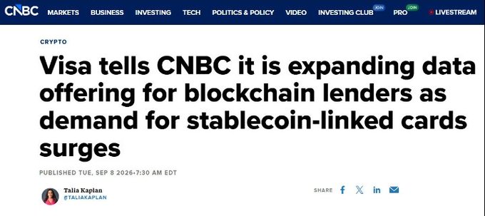 A CNBC article dated Tuesday, September 8, 2026, with the headline "Visa tells CNBC it is expanding data offering for blockchain lenders as demand for stablecoin-linked cards surges," written by Talia Kaplan, illustrating how Visa is positioning itself as the foundational payment infrastructure for the growing convergence of traditional cards and stablecoin-based finance.