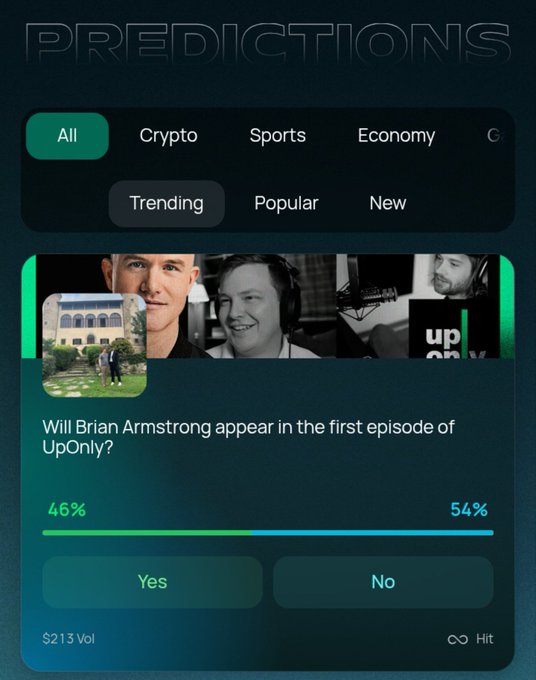 A 'PREDICTIONS' app interface showing a question 'Will Brian Armstrong appear in the first episode of UpOnly?' with 46% Yes and 54% No votes, $213 volume, and category tabs including All, Crypto, Sports, and Economy.