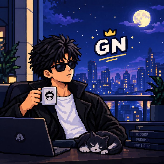 Pixel art illustration of a dark-haired anime-style character wearing sunglasses and a black jacket, holding a mug with a logo, sitting beside a sleeping cat and a laptop, with 'GN' and a crown logo in the sky above a city skyline; books are titled 'BIGGER DREAMS SAME GUY'.