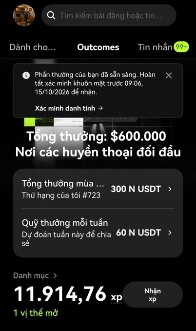 A Vietnamese mobile app screenshot showing an 'Outcomes' rewards screen with a total prize of $600,000, including season rewards of 300 N USDT (rank #723) and weekly rewards of 60 N USDT, with 11,914.76 XP.