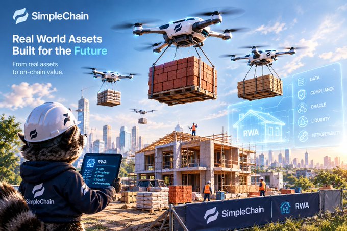A promotional graphic for SimpleChain with the text 'Real World Assets Built for the Future,' showing a person with a tablet overseeing a construction site with delivery drones, highlighting features like DATA, COMPLIANCE, ORACLE, LIQUIDITY, and INTEROPERABILITY.