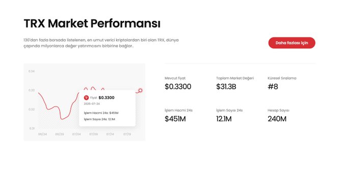 A screenshot of a "TRX Market Performansı" (TRX Market Performance) dashboard showing the current TRX price at $0.3300 (down 7.24%), with a market cap of $31.3B and #8 global ranking, supporting a post about TRON's growing prominence and the surge in $USDT on the TRON network reaching an ATH of ~$89 billion.